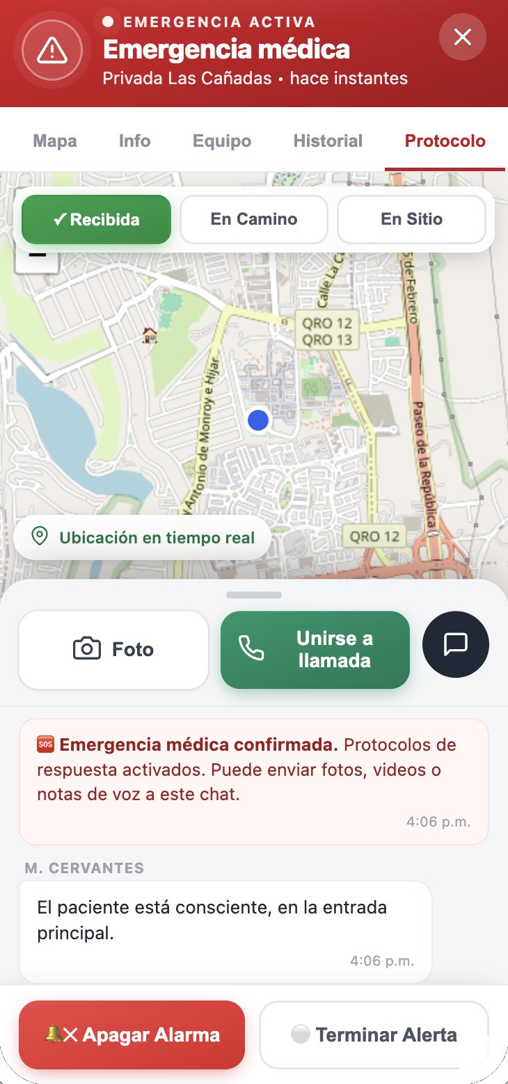 Emergencia activa en la app: mapa, grupo de voz, apagar alarma y terminar alerta