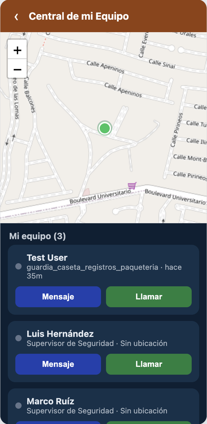 Central de mi Equipo: el mapa con la ubicaci&oacute;n del equipo y botones de mensaje y llamada por cada persona
