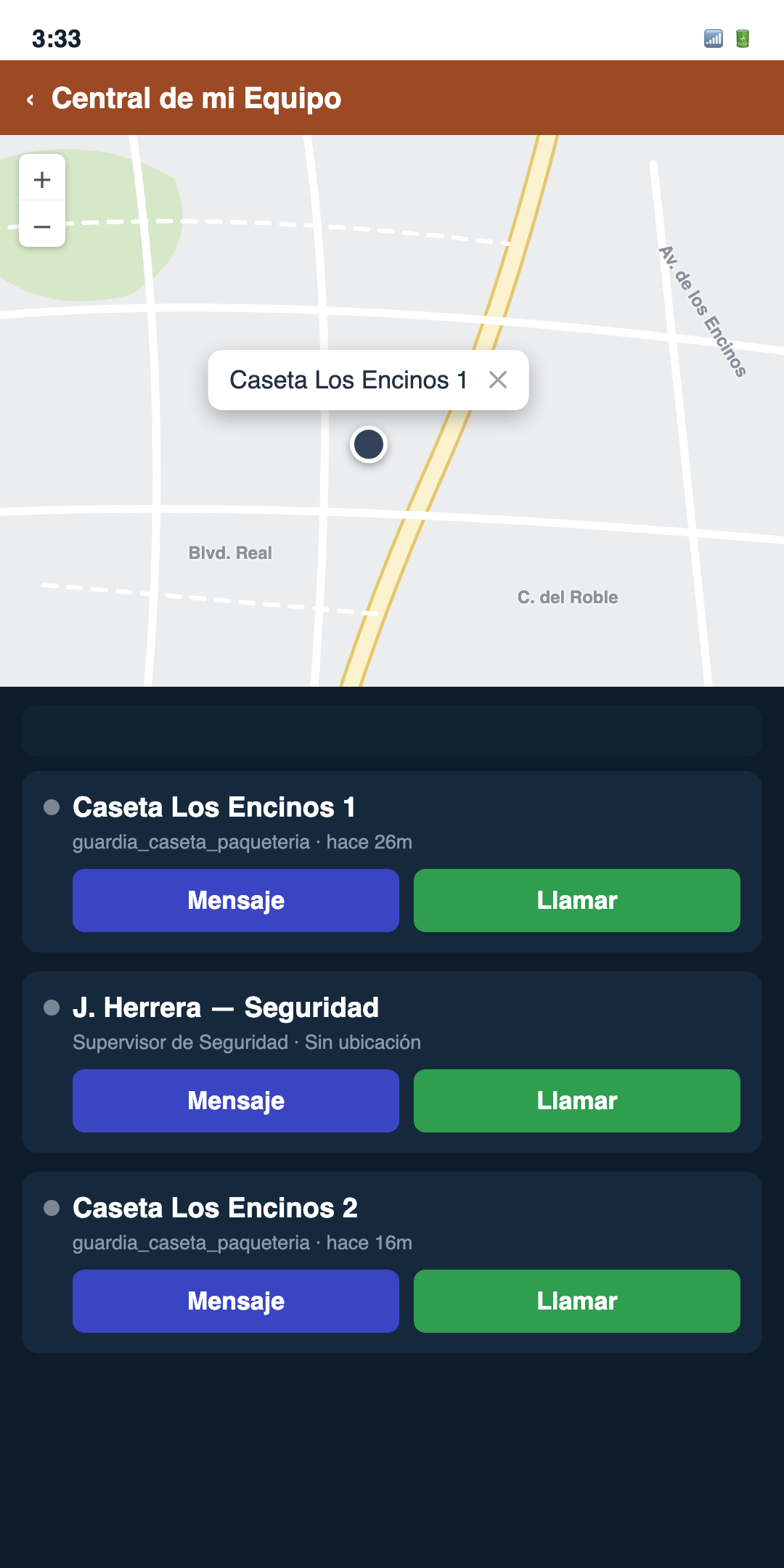 Central de mi Equipo — ubicación del personal en vivo en la app
